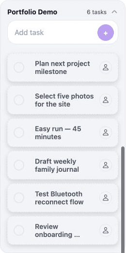 Personal Planner portfolio demo list with six fictional tasks spanning projects, family, fitness, and photography.